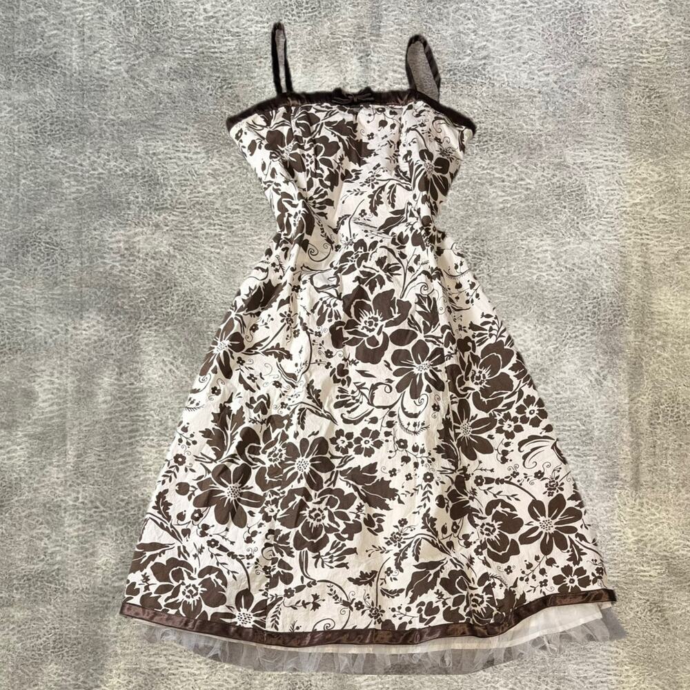 Vintage White Floral Brown Contrast Mini Dress